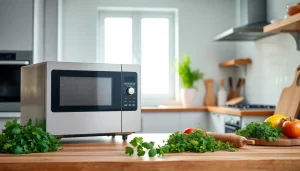 Highlighting microwave oven sales, a modern kitchen with fresh ingredients and a sleek design.
