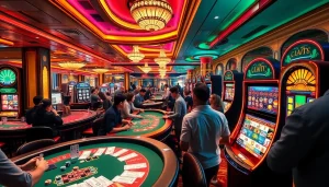 Excited gamblers enjoying a vibrant casino atmosphere at trang chủ thabet, surrounded by tables and slot machines.