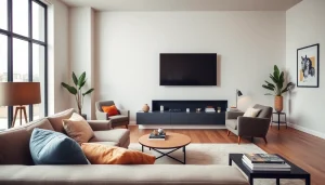 Telewizor 55 cali na eleganckiej ścianie w nowoczesnym salonie.