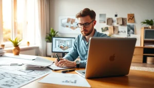 Architekt wnętrz online projektujący nowoczesną przestrzeń w biurze.