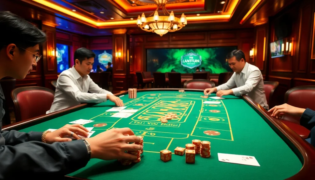 Tài xỉu md5 com players engaged in a thrilling game at an upscale casino table.