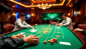 Tài xỉu md5 com players engaged in a thrilling game at an upscale casino table.