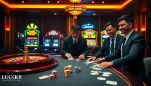 Experience the thrill of LUCK8 Casino with vibrant gaming tables and illuminated slot machines.