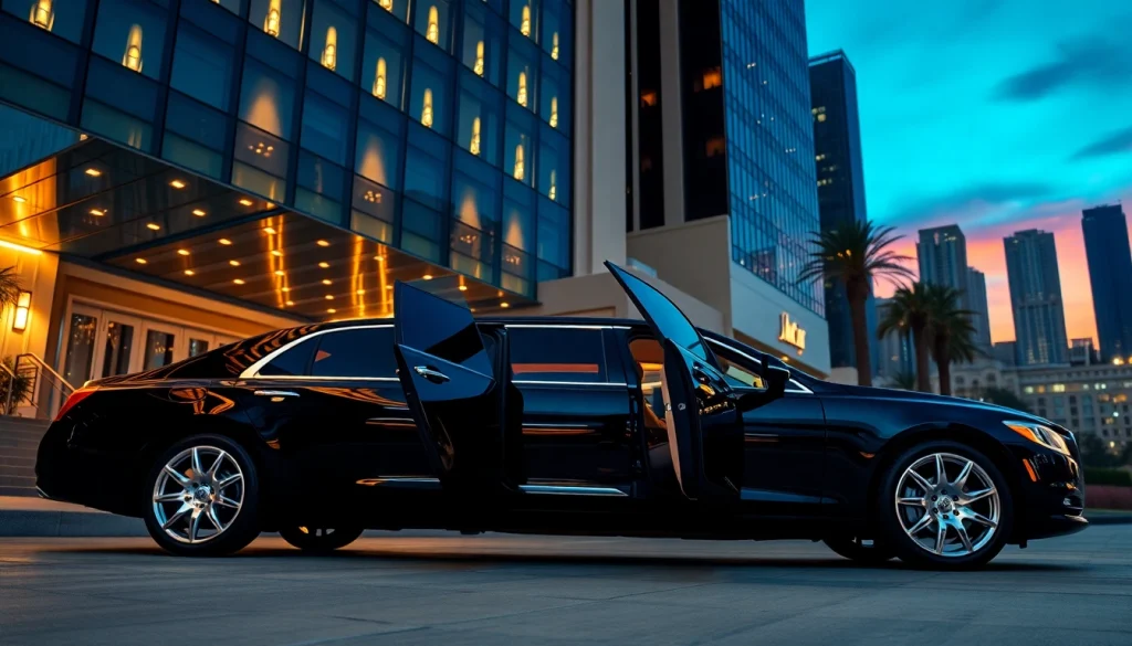 Luxury Los Angeles Limo parked outside a glamorous hotel, showcasing elegance and sophistication.