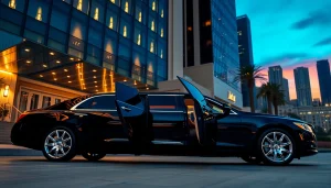 Luxury Los Angeles Limo parked outside a glamorous hotel, showcasing elegance and sophistication.