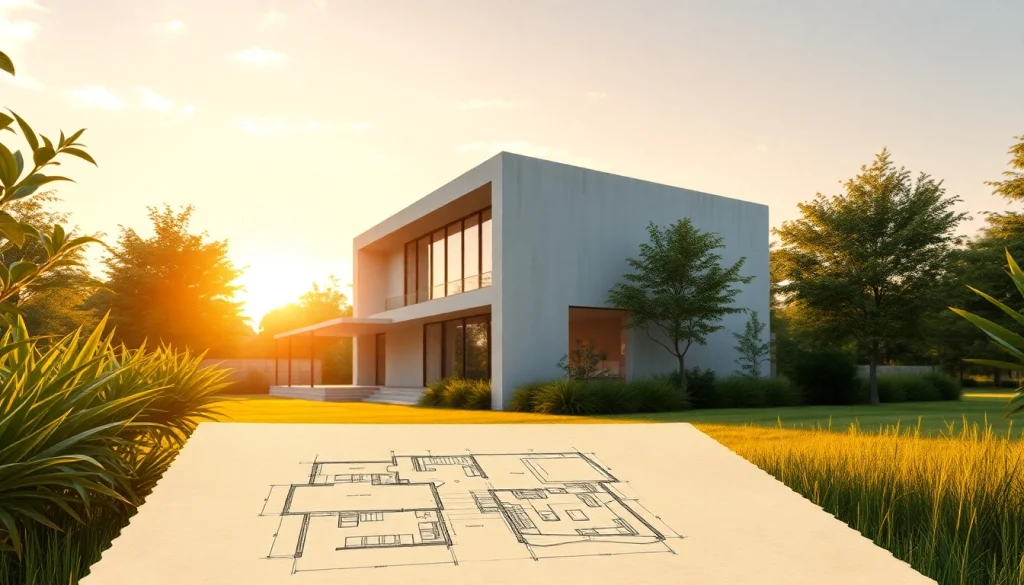 Start a residential architecture project with a modern house design depicted amidst a natural landscape.