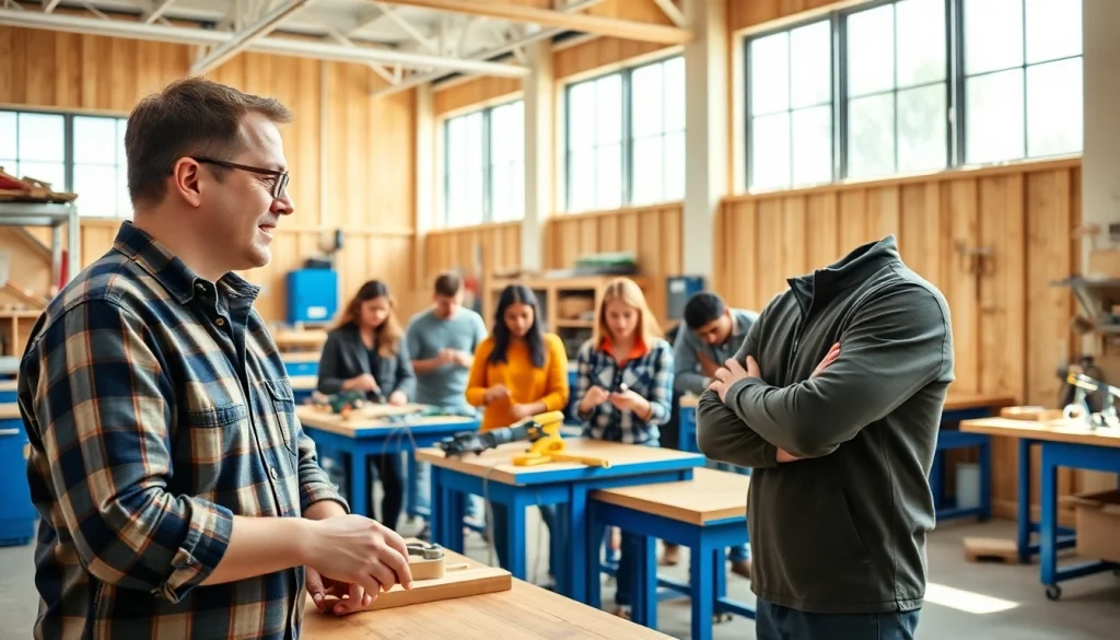 Students engaged in skilled trades training with an instructor in a bright workshop.