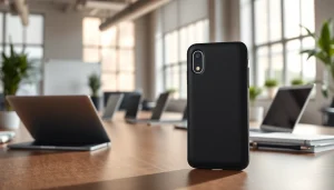 Handy Tasche abschließbar in moderner Büroumgebung, stilvoll und funktional.