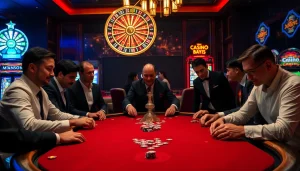 Engage with the thrilling atmosphere at trang chủ thabet, featuring vibrant poker tables, chips, and a roulette wheel.