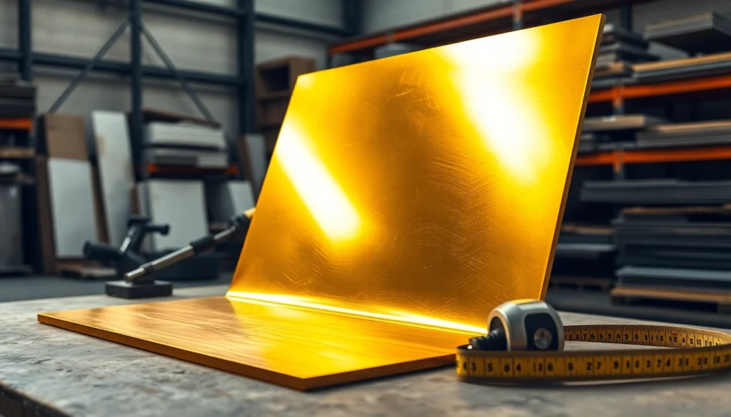 Placă de alamă (Tabla alama) într-un atelier cu unelte, evidențiind textura sa metalică.