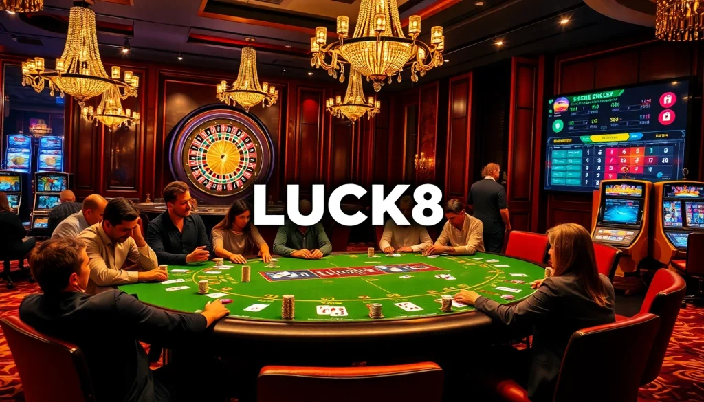 LUCK8 players enjoying an intense high-stakes poker game with vibrant casino chips and cards.