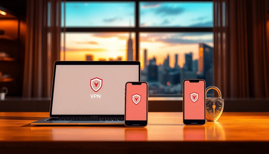 现代工作区设备上的快连 VPN 界面，象征着安全的互联网连接。