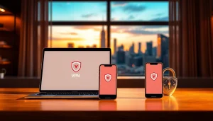 现代工作区设备上的快连 VPN 界面，象征着安全的互联网连接。