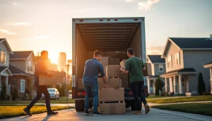 Movers Edmonton efficiently loading boxes onto a truck at sunset, showcasing teamwork.