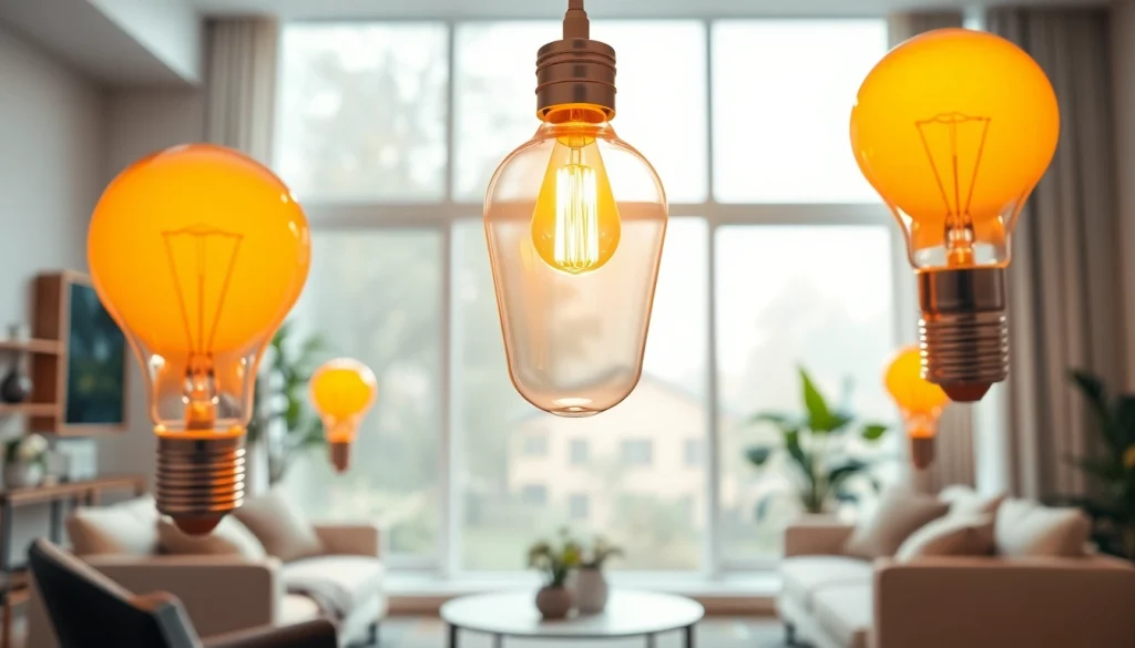 Showcase of a19 light bulbs illuminating a cozy, modern living room environment.