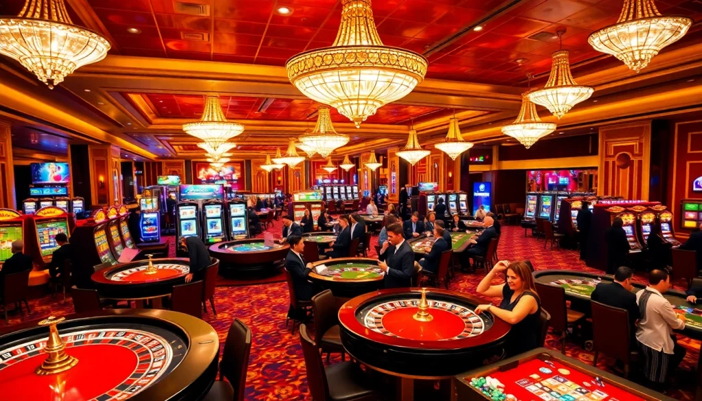 Une atmosphère de jeu vibrante mettant en avant l'expérience du meilleur casino en ligne avec des joueurs engagés et des éléments de luxe.