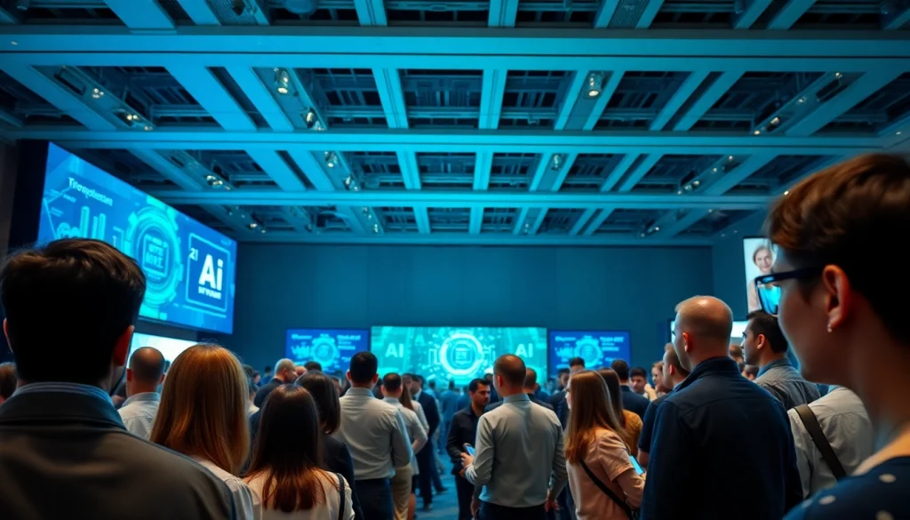 Attendees interacting at an AI and emerging technology conference with advanced presentations.
