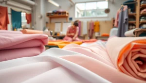 Bekijk uni katoen stof in een textielwerkplaats, waar fabricagetechnieken tot leven komen.