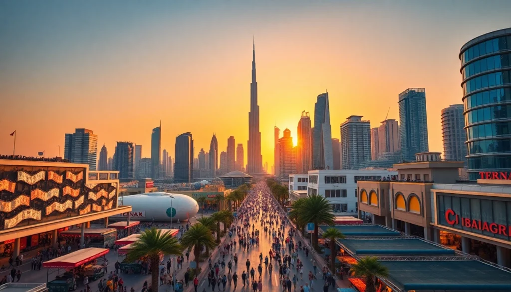 Stunning view of Dubai City skyline featuring Burj Khalifa at sunset, showcasing urban vibrancy.