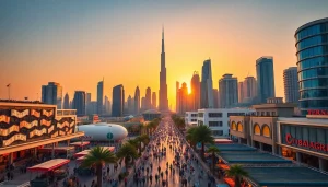 Stunning view of Dubai City skyline featuring Burj Khalifa at sunset, showcasing urban vibrancy.