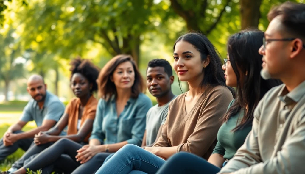 Encouraging mental health awareness through community discussion in a serene park setting.