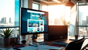 Showcasing web design essex for trades with a professional workspace featuring a computer screen.