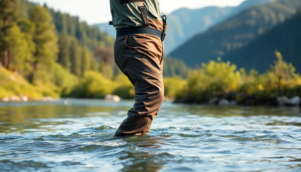 Man casting in a river while sporting fly fishing waders, highlighting durability and comfort.