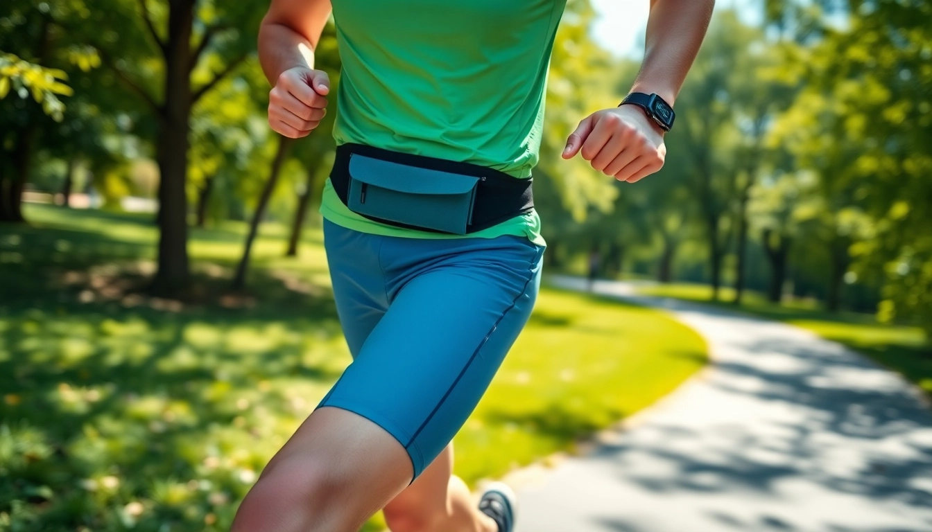 Runner wearing a sporty run belt, efficiently carrying essentials during a workout.