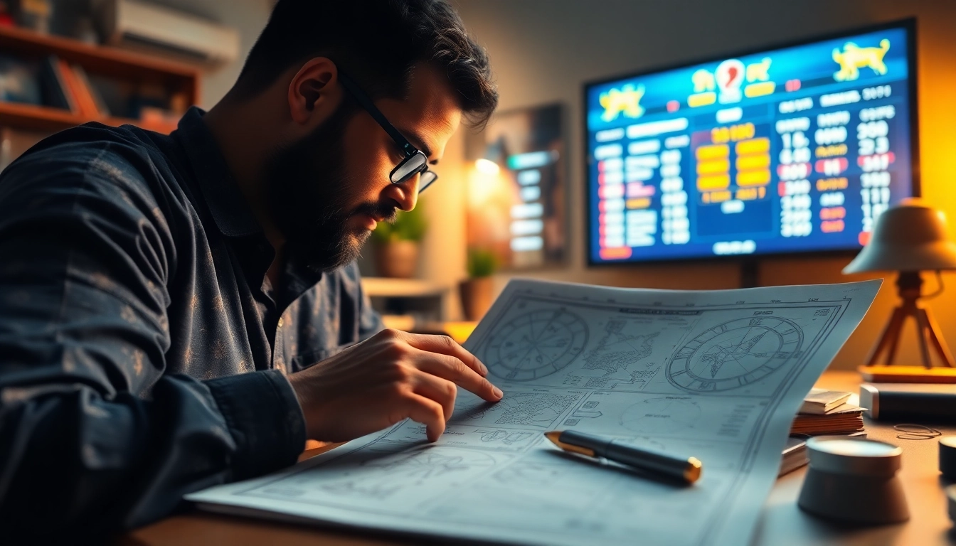 Analyze astro ipl prediction with an astrologer surrounded by charts and cricket scores.