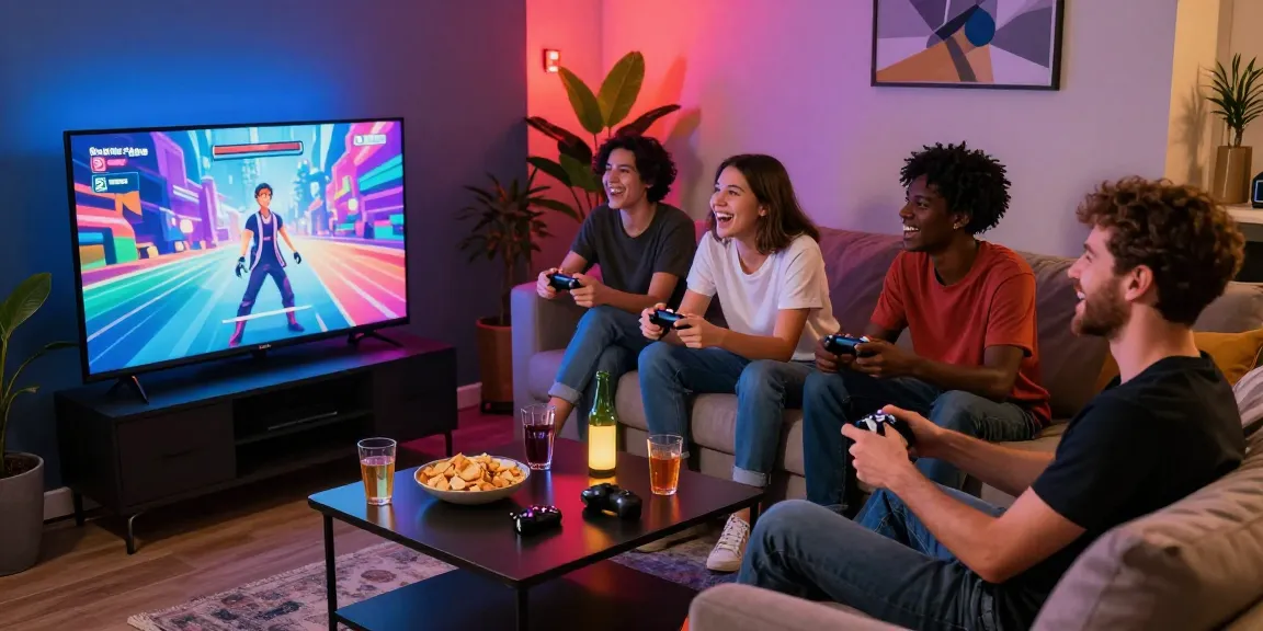 Engaged friends playing an adult game in a cozy gaming lounge with vibrant lighting.