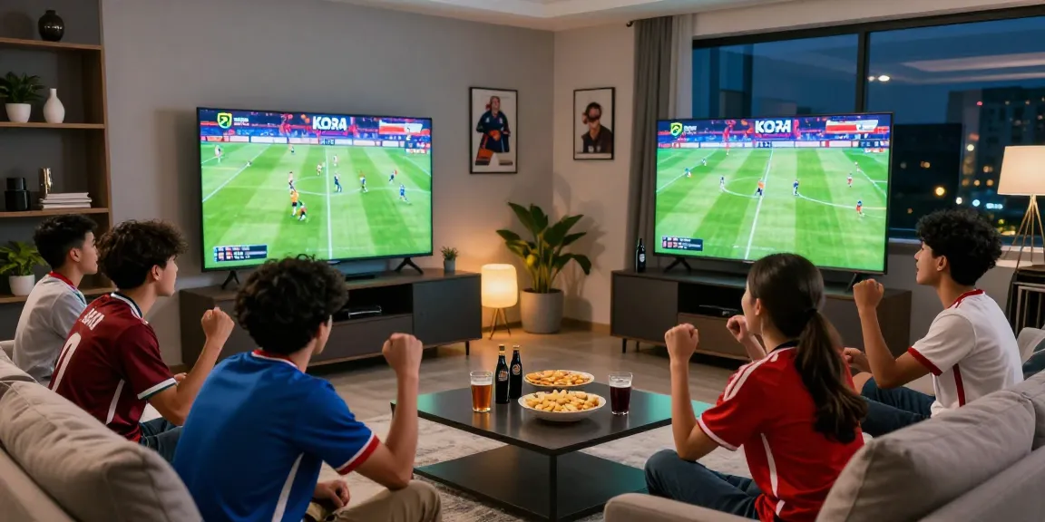 Young fans enjoying kora live sports stream in a vibrant living room atmosphere.