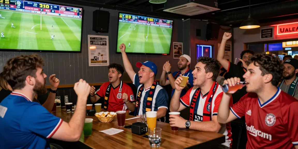 Penggemar nonton live bola dengan antusias di bar, menikmati tayangan langsung dan kebersamaan.